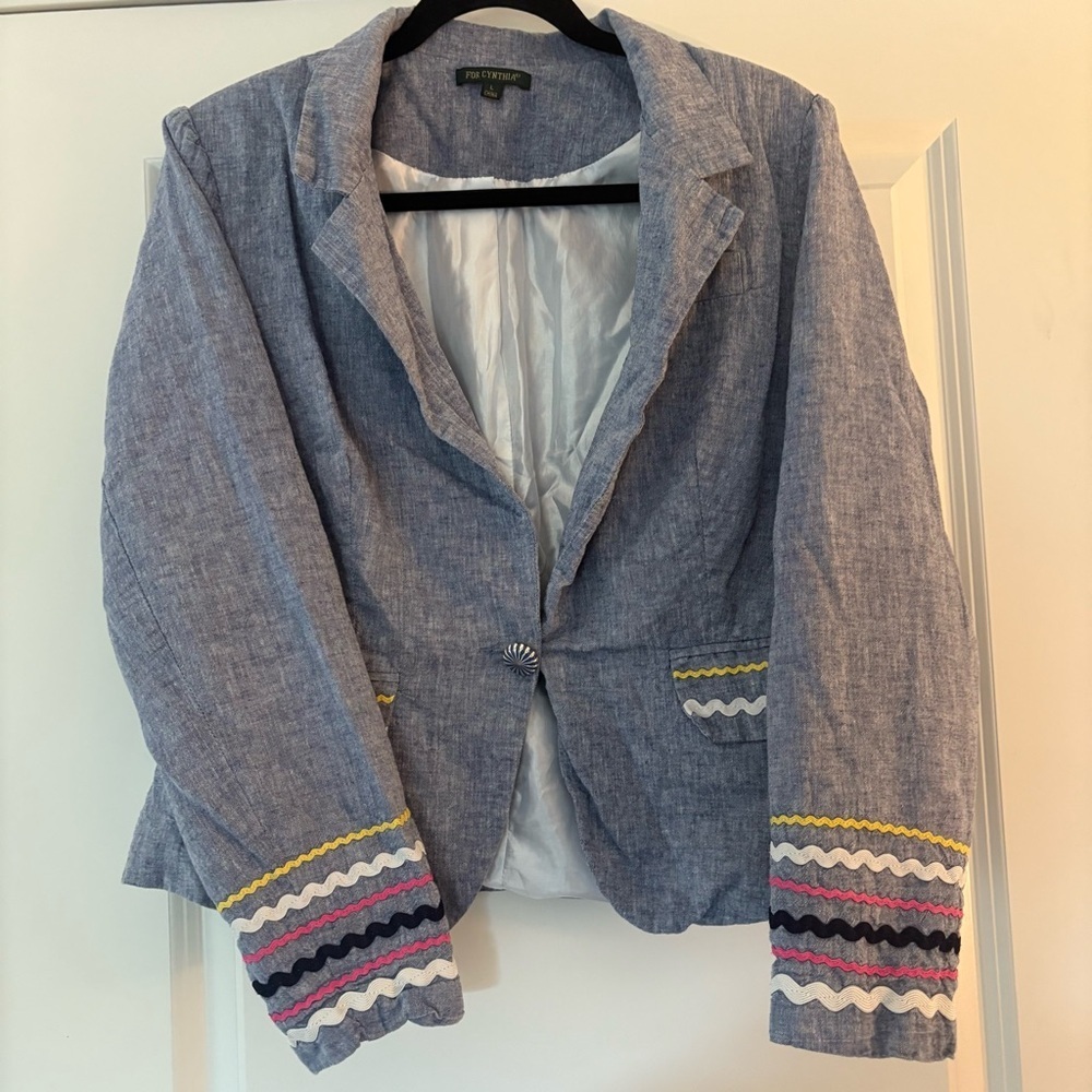 For Cynthia Women's Gray Multicolor Accents Linen/Cotton Blend Blazer - Picture 4 of 14